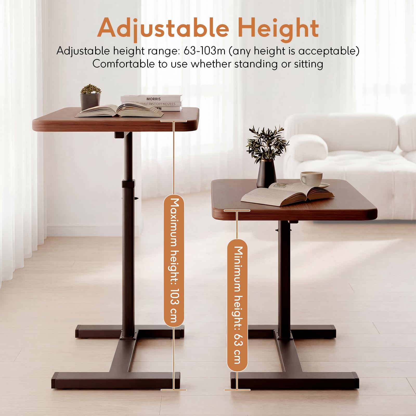 Mesa auxiliar con ruedas ocultas, escritorio de pie, altura regulable de 63 a 103 cm, mesa de cama móvil de madera, mesa de sofá, mesita de noche, mesa de aseo para dormitorio, salón