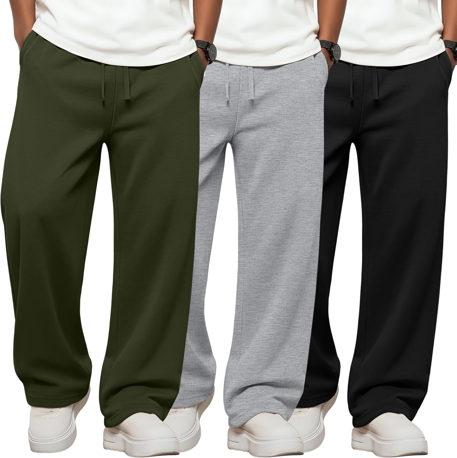 3 Pack Boys Sweatpants Straight Leg Athletic Open Bottom Joggers Lightweight Drawstring Kid Pants with Pockets