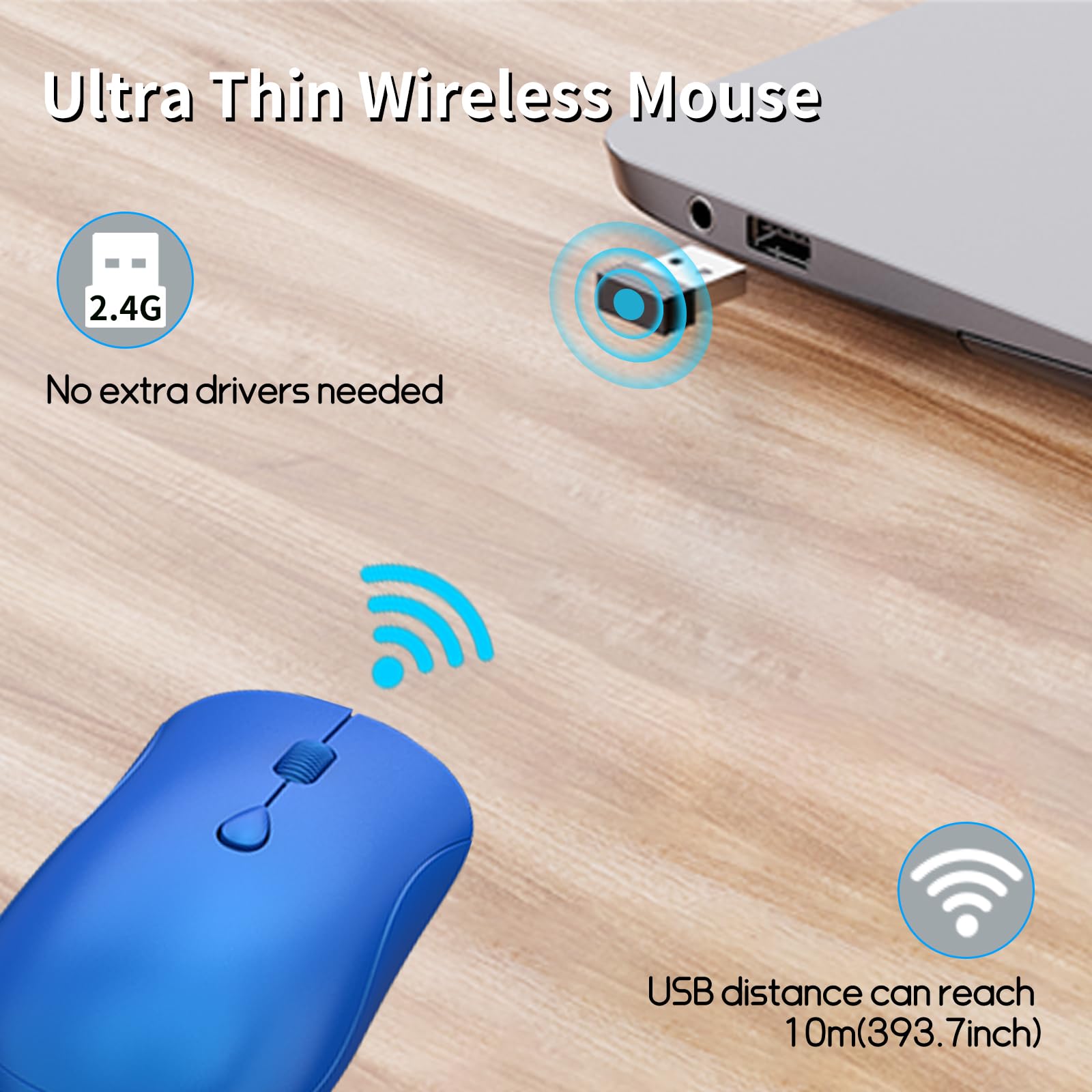 Mouse wireless per Chromebook, laptop, PC, MacBook, mouse ottico sottile portatile con mini ricevitore USB, clic silenzioso, 2400 DPI, 2,4 GHz, mouse portatile da viaggio silenzioso - blu