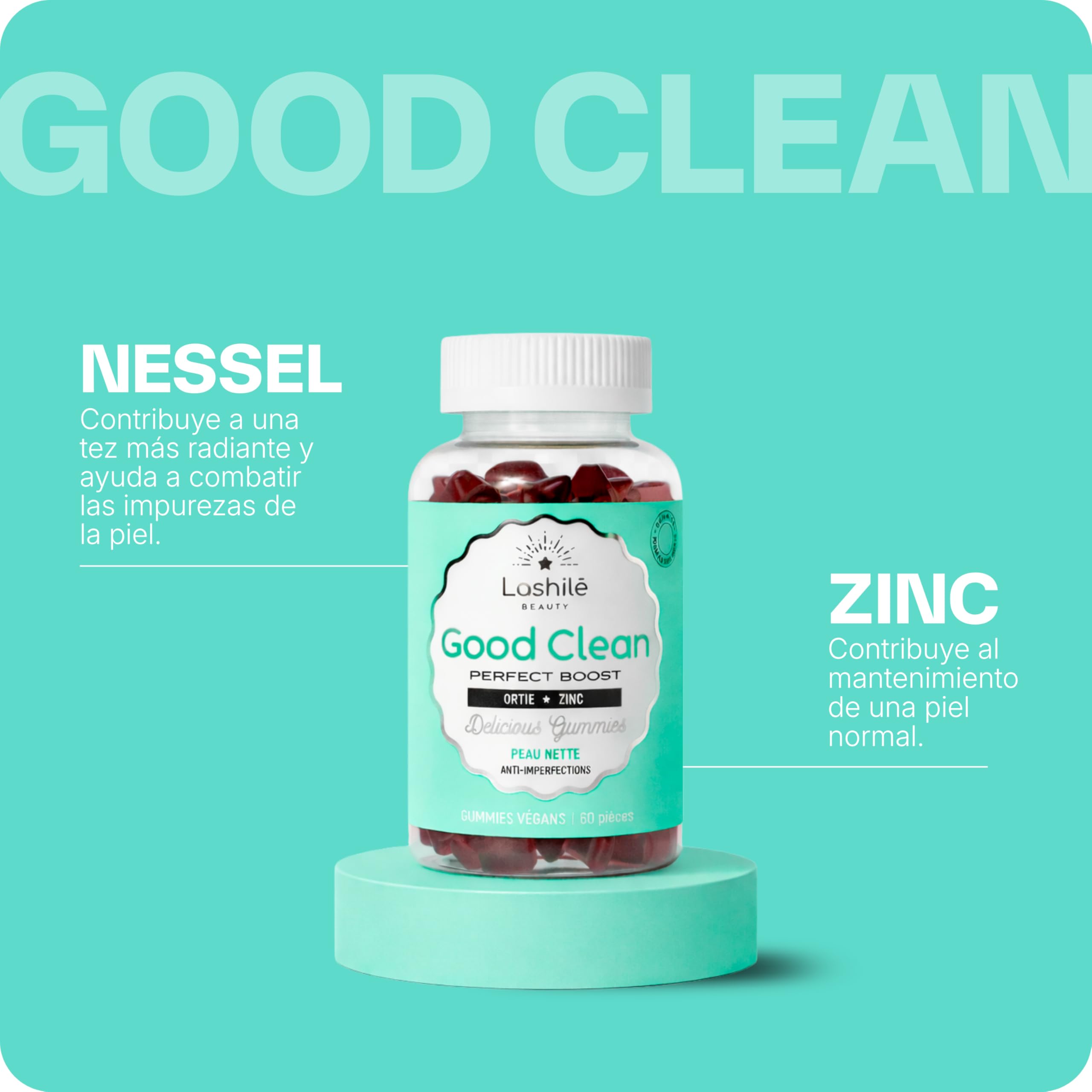 Lashilé Beauty - Complementos Alimenticios - Piel limpia y antiimperfecciones - Regula el sebo y purifica - Good Clean Vitamines - Fabricado en Francia - Bardana, Ortiga, Zinc - 180 Gummies