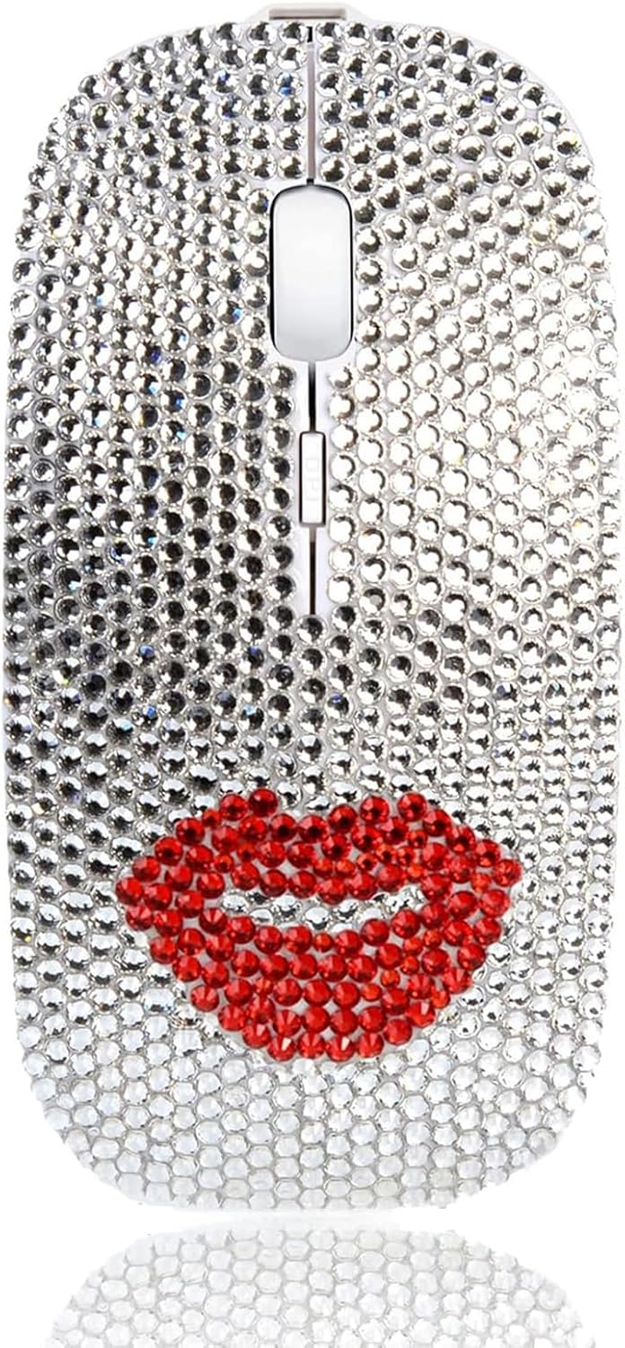 Bling Austrian Crystal Rhinestone Coverd Computer Mouse with USB Receiver, Sparkly Red Lips Flat Mice for Notebook, PC, Laptop, MacBook - Red Lip