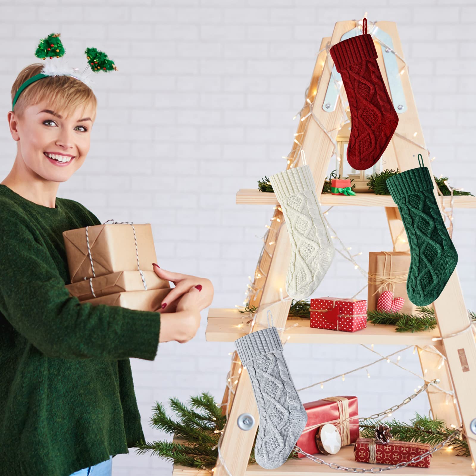 Einzigartige Weihnachtsstrümpfe, Burgunderrot und Elfenbeinweiß, Grün