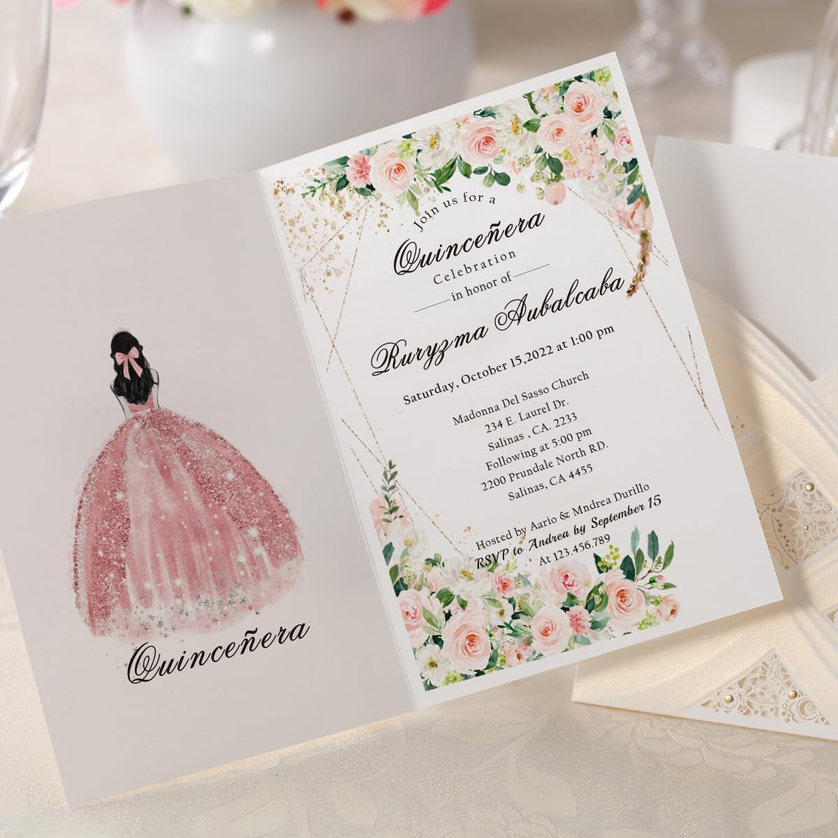 Hosmsua 5.12x7.2 50PCS Blank Wedding Invitations Kit Laser Cut light Gold Hollow Foil Flora Lace Sleeve Pocket with Envelopes for Quinceanera Wedding Invitation