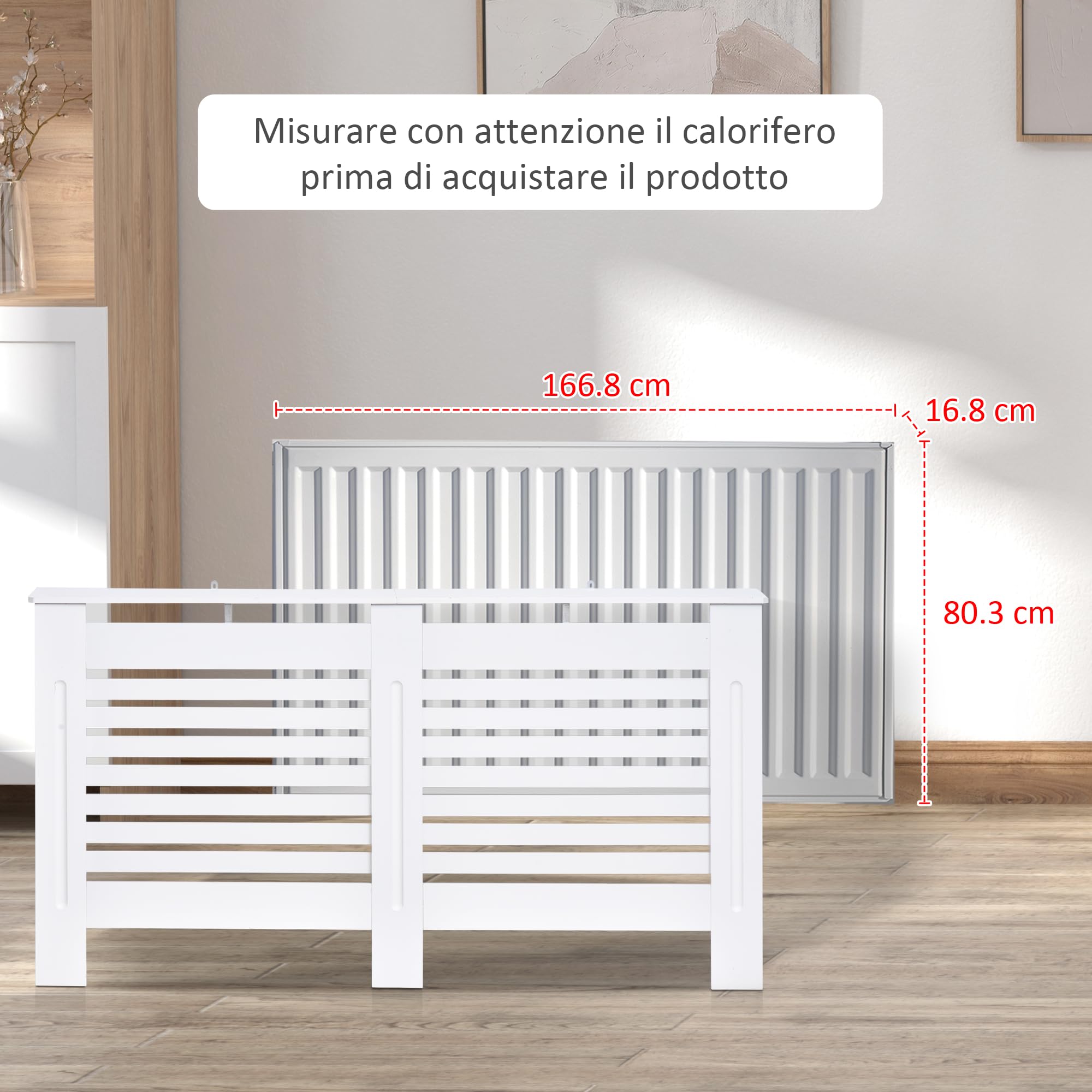 HOMCOM Copritermosifoni a Doghe con Ripiano Portaoggetti 172x19x81cm Bianco | Copri Termosifone Moderno, Antiribaltamento, Copertura Radiatore MDF, Soggiorno, Corridoio, Ufficio