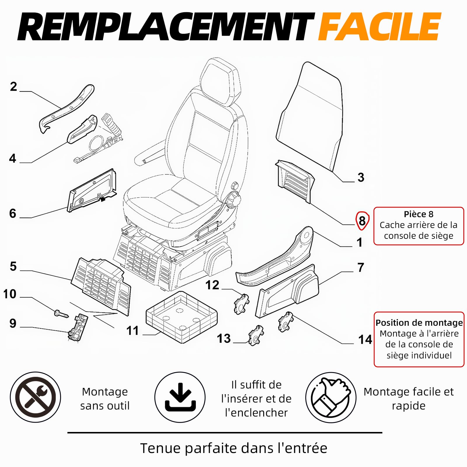Couvre siege arrière gauche/droite pour Fiat Ducato 250, Peugeot Boxer, Citroën Jumper - OEM 60911739 (remplace 1617533080), plastique robuste (siège arrière)