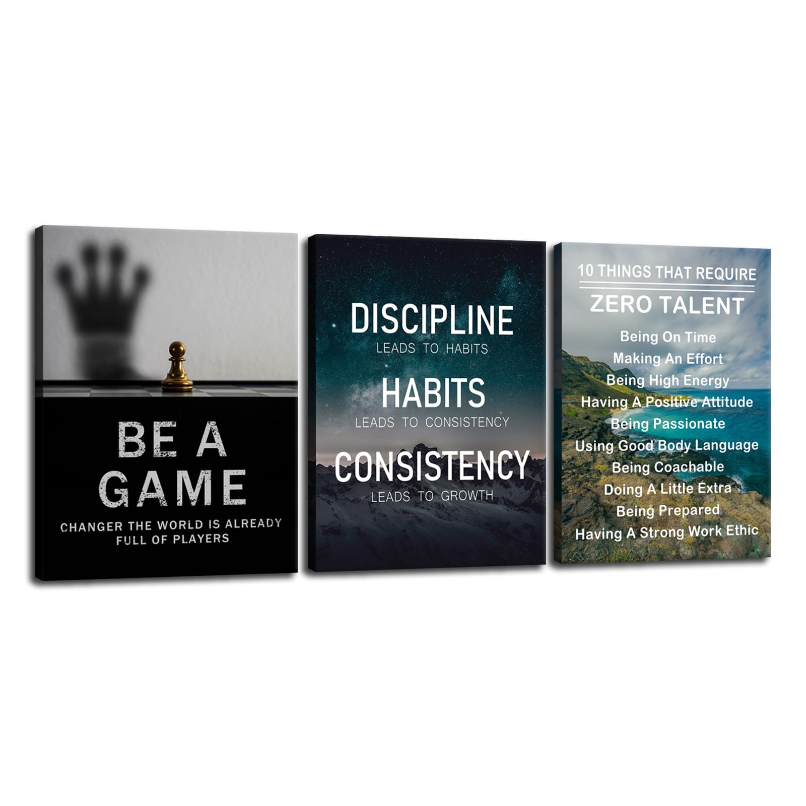 FHBWART Motivational Wall Art 3 Piece Framed Canvas Prints Be A Game Changer Discipline Consistency Inspirational Posters Modern Home Inspirational Wall Decor for Living Room Office(12"x16"x3pcs)