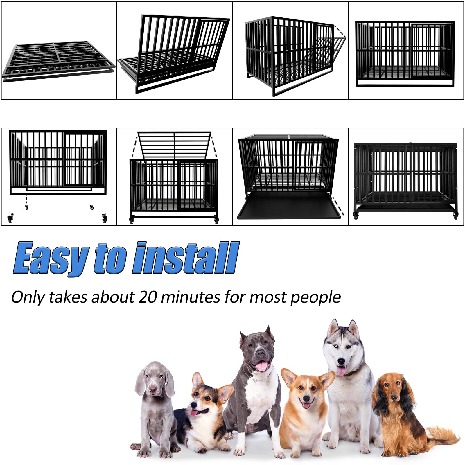 Grande gabbia per cani, canile indistruttibile per cani in acciaio legato resistente con ruote bloccabili, doppia porta e serrature robuste(Grande)