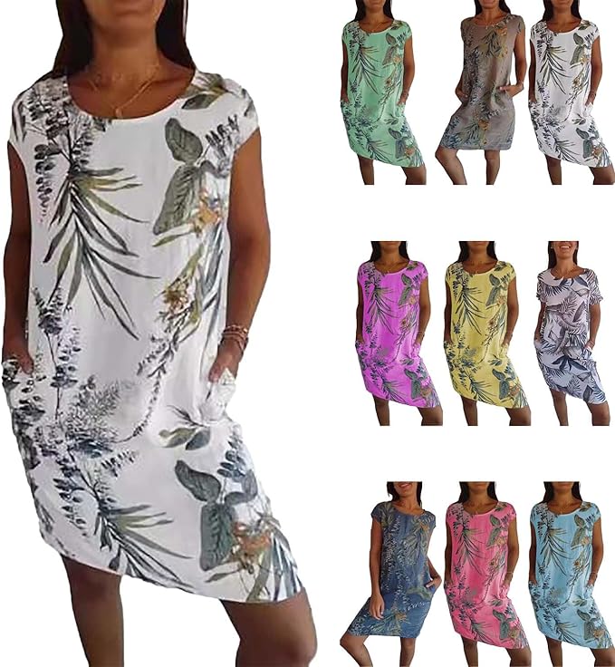 NVICZ Needream Dress - Needream Womens Dresses, Women's Cotton and Linen Round Neck Printed Dress