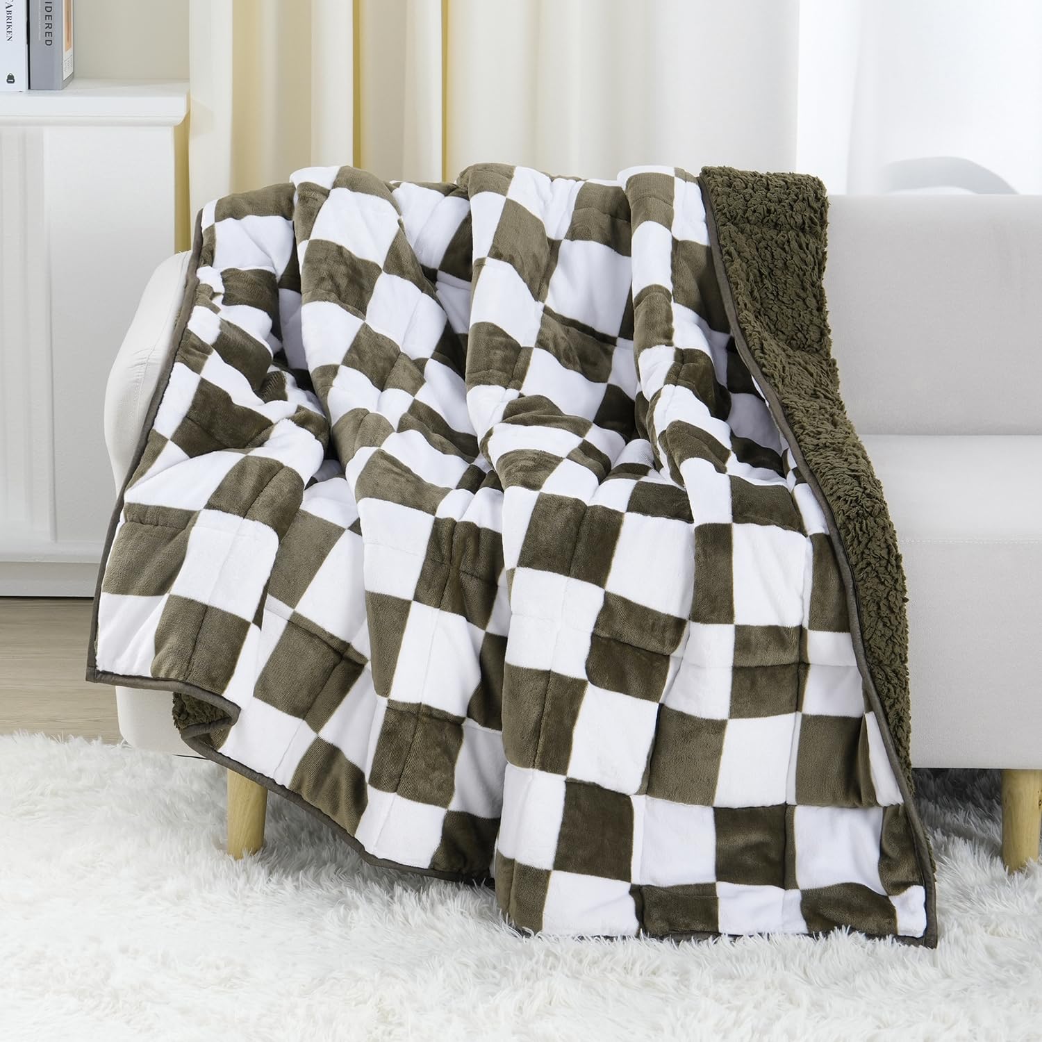 Stiio Checkerboard Weighted Blanket Queen Size 20 Pounds for Adults, Soft Fluffy Heavy Blankets with Plush Flannel Top & Cloud-Like Sherpa Reverse for Sofa Bed, 60"x 80" Plaid Green