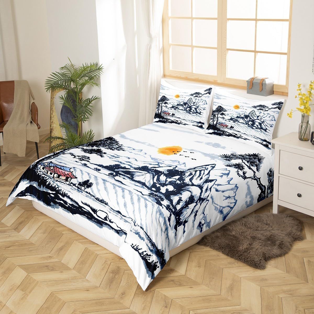 Japoński styl super king size, zestaw poszewek na kołdrę, obraz atramentowy, miękka poszewka na kołdrę, całoroczna poszewka na kołdrę, 260 x 220 cm, szczotkowana mikrofibra, hipoalergiczne zestawy