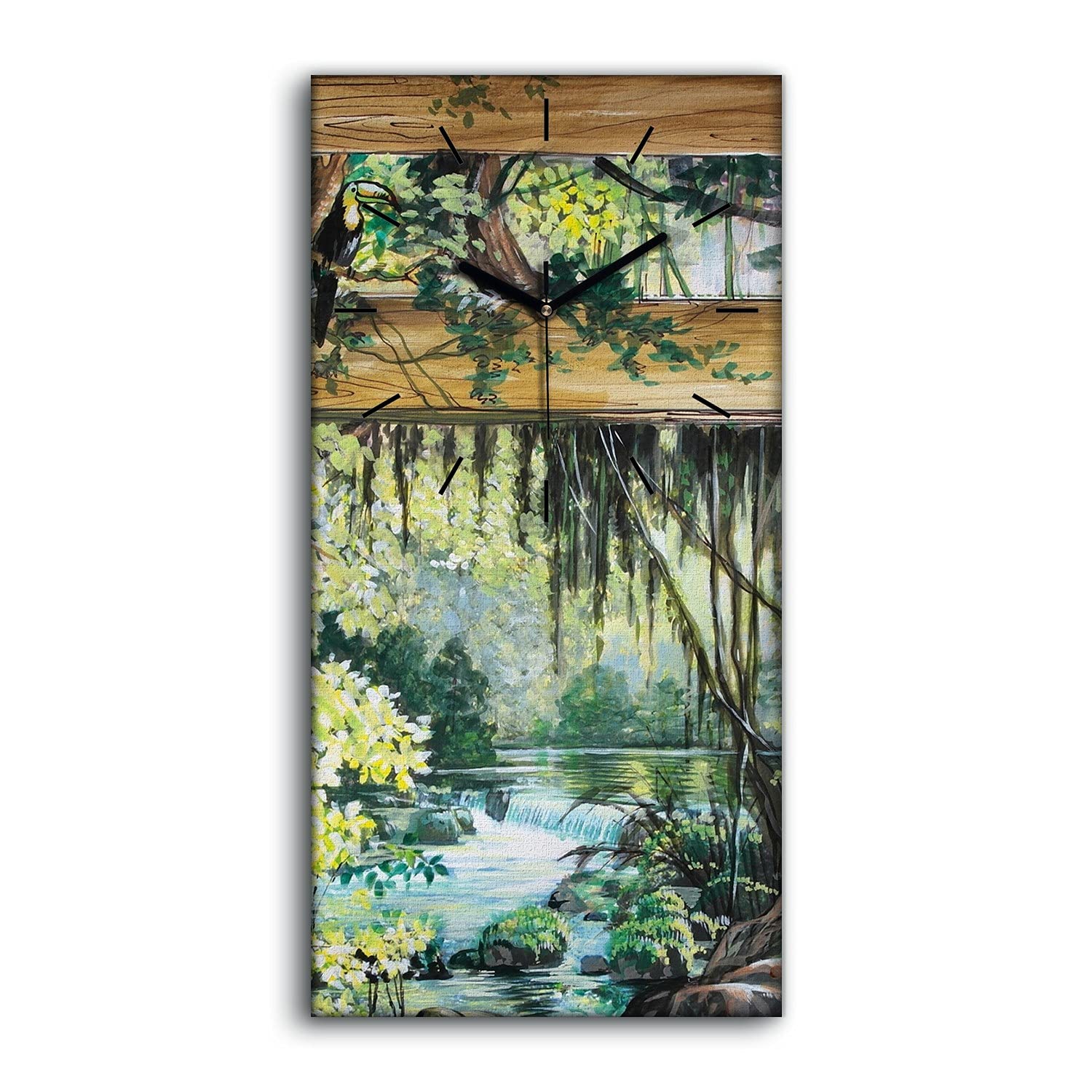 Horloge sur Toile 30x60cm forêt et rivière avec aiguilles noires silencieuses pour salon