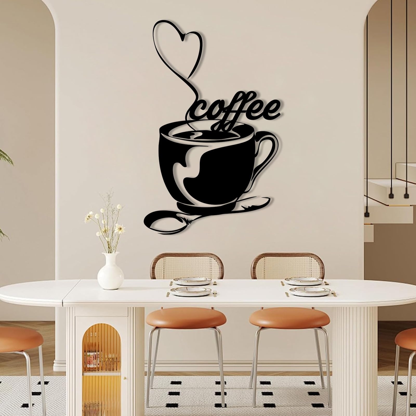Schwarze Kaffeetasse aus Metall als Wanddekoration, Herzförmiger Löffel aus Metall als Wanddeko für Cafés, Moderne Kaffeeskulptur für Wohnzimmer, Schlafzimmer, Flur, Heimdekoration (Gold 30"