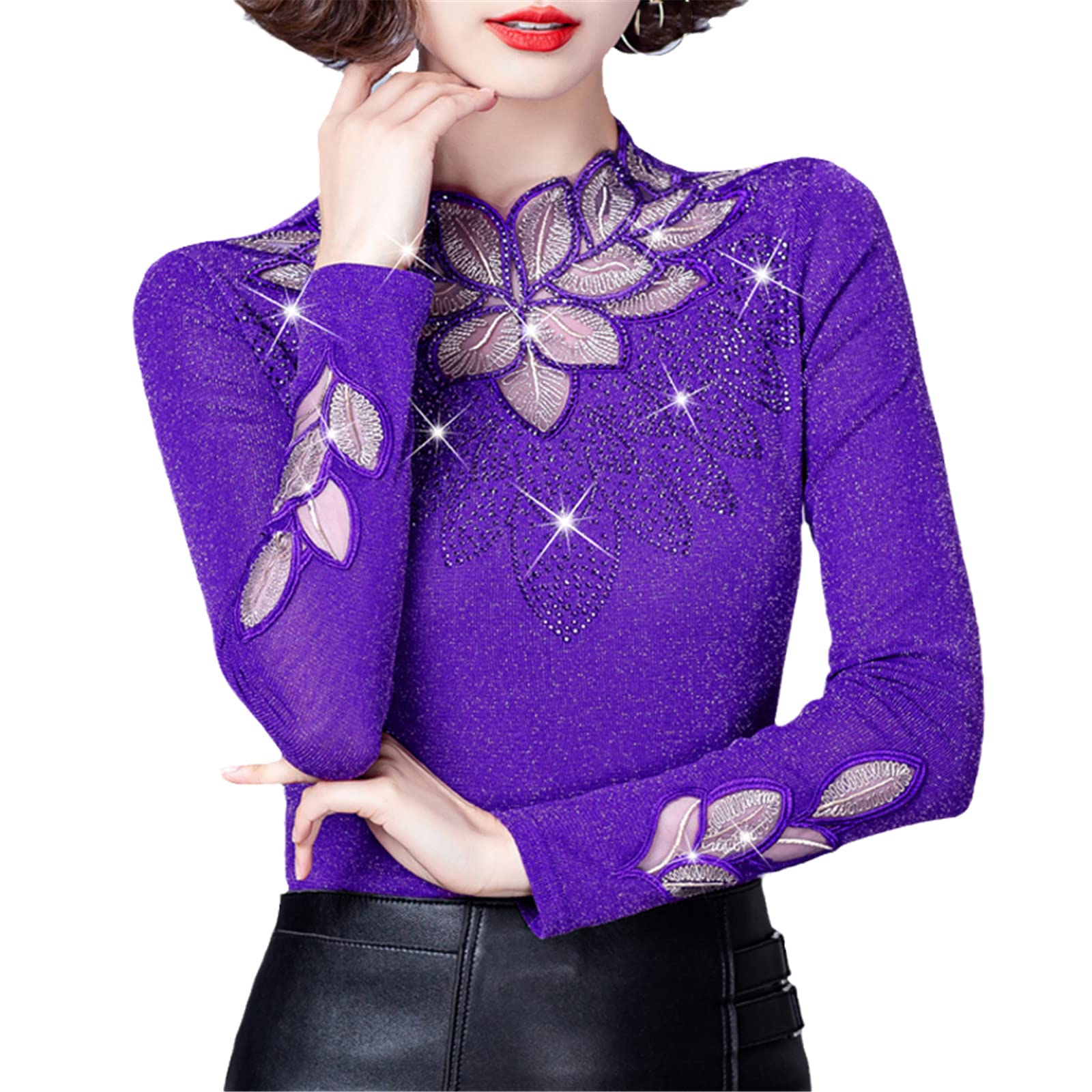 SaoBiiu Camicia da donna elegante in pizzo autunno a maniche lunghe t-shirt fiori maglia pizzo camicetta top, Viola, XXL