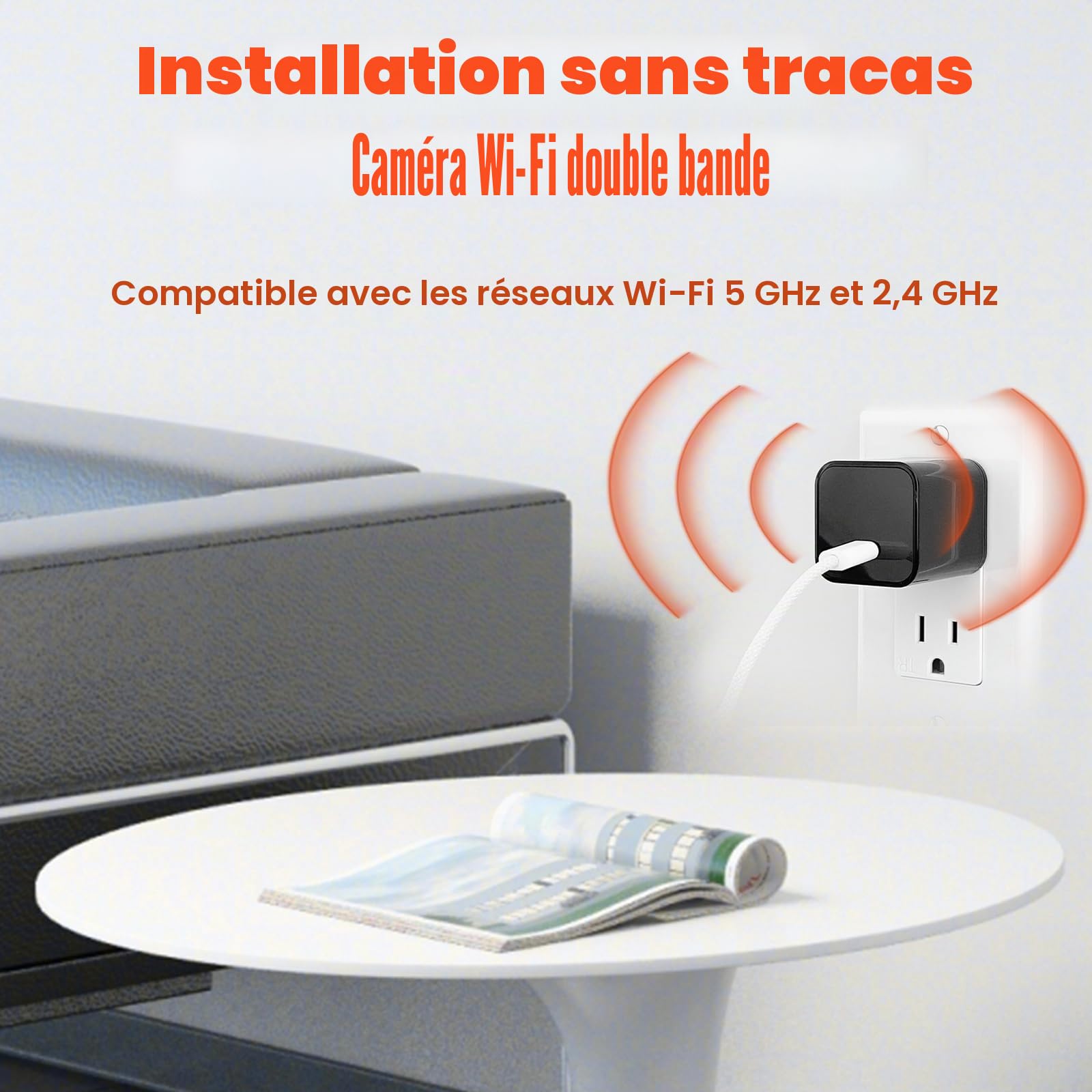 Caméra cachée avec chargeur USB, WiFi, petite caméra de sécurité espion, Full HD 1080p, mini caméra de nounou sans fil, détection de mouvement avec application en direct pour la maison