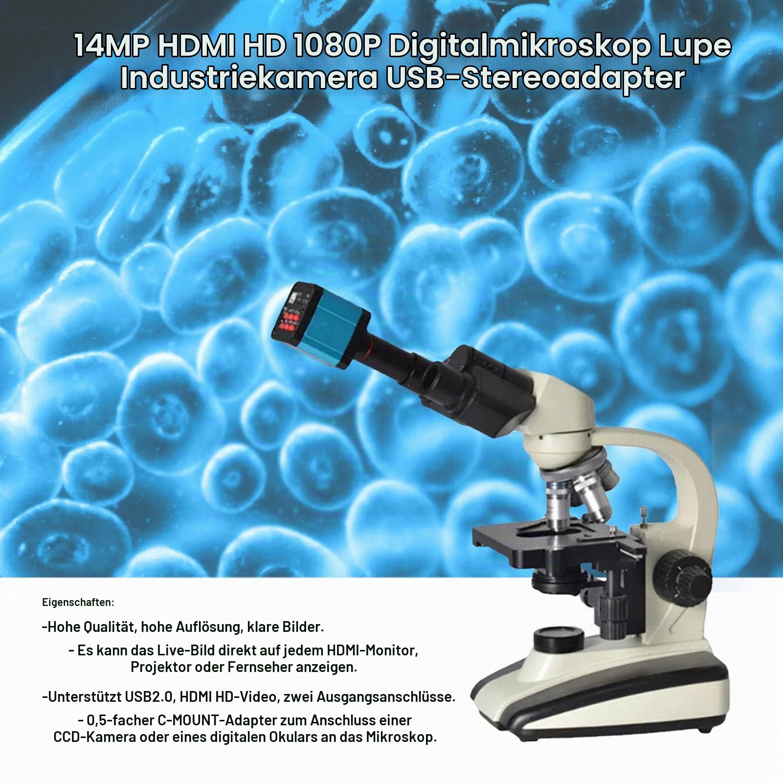 BuyWeek Digital Mikroskop Kamera, 14MP HDMI HD 1080P Industrie Mikroskop Lupe Kamera USB Stereo Mikroskop Adapter(EU-Stecker)