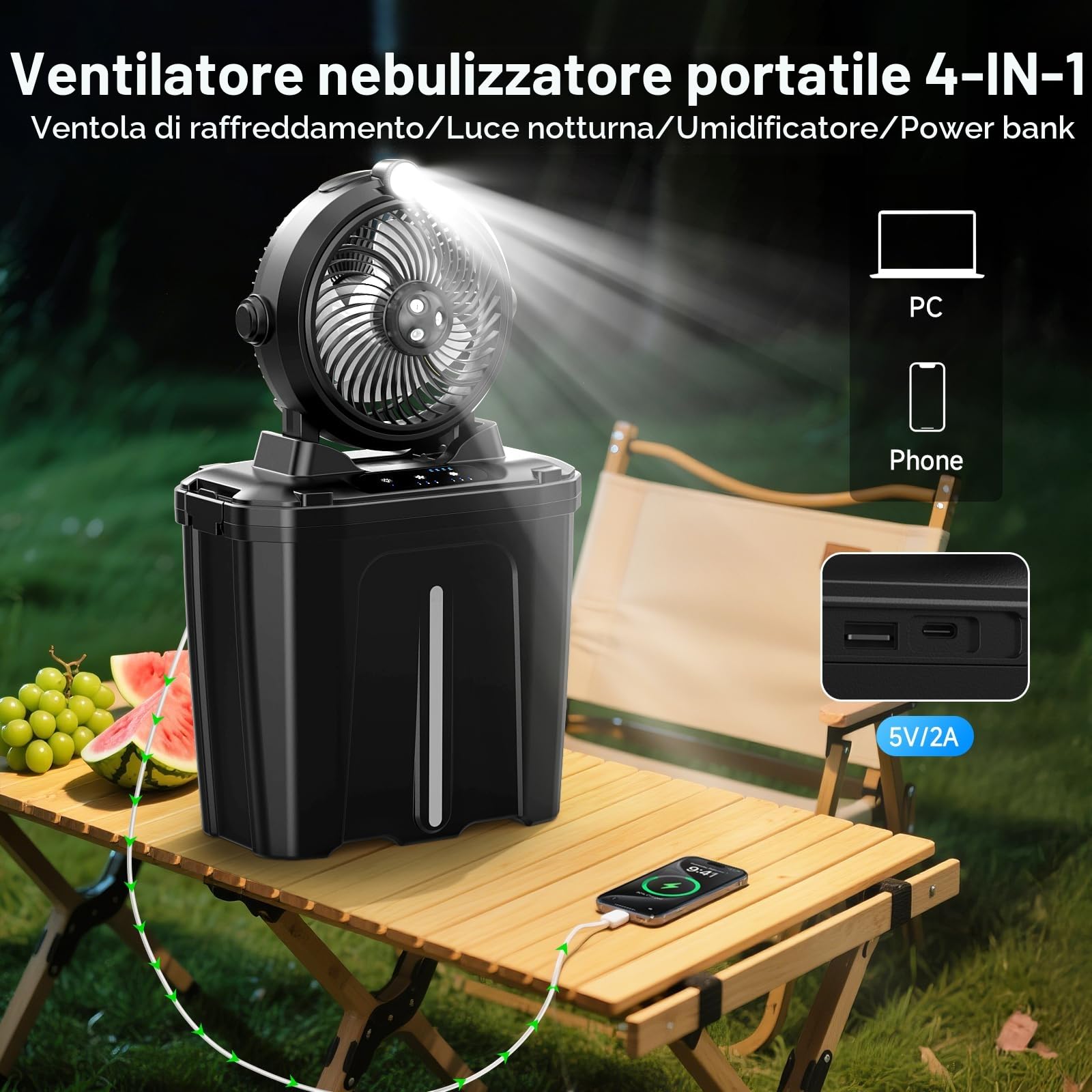 Ventilatore da Campeggio con Secchio da 11 Litri e Luce a LED, 20000mAh Batteria Ricaricabile Ventilatore Nebulizzatore, 3 Velocità, 3 Modalità di Nebulizzazione, Campeggio/Pesca/Viaggi