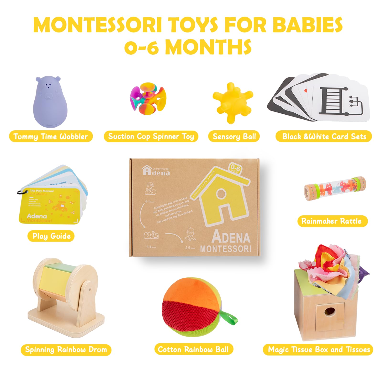 8 in 1 Montessori Toys for Babies 0-6 Month-Baby Tummy Time Toys Black White Card for Newborns,Rainmaker Rattle Toys for Babies, Tissue Box,Spinning Drum,Ball with Bell-Baby Sensory Developmental Toys