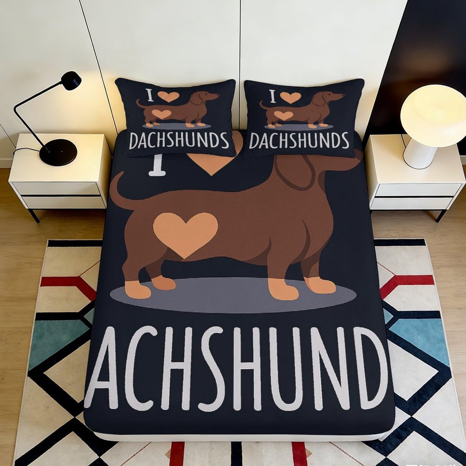 Pnayamiorkfel Style-7 3D Printed Dachshund Dog Fitted Sheet Microfiber Soft Breathable Heart Pattern Bed Cover For Bedroom Dorm Decor 90X200x25cm