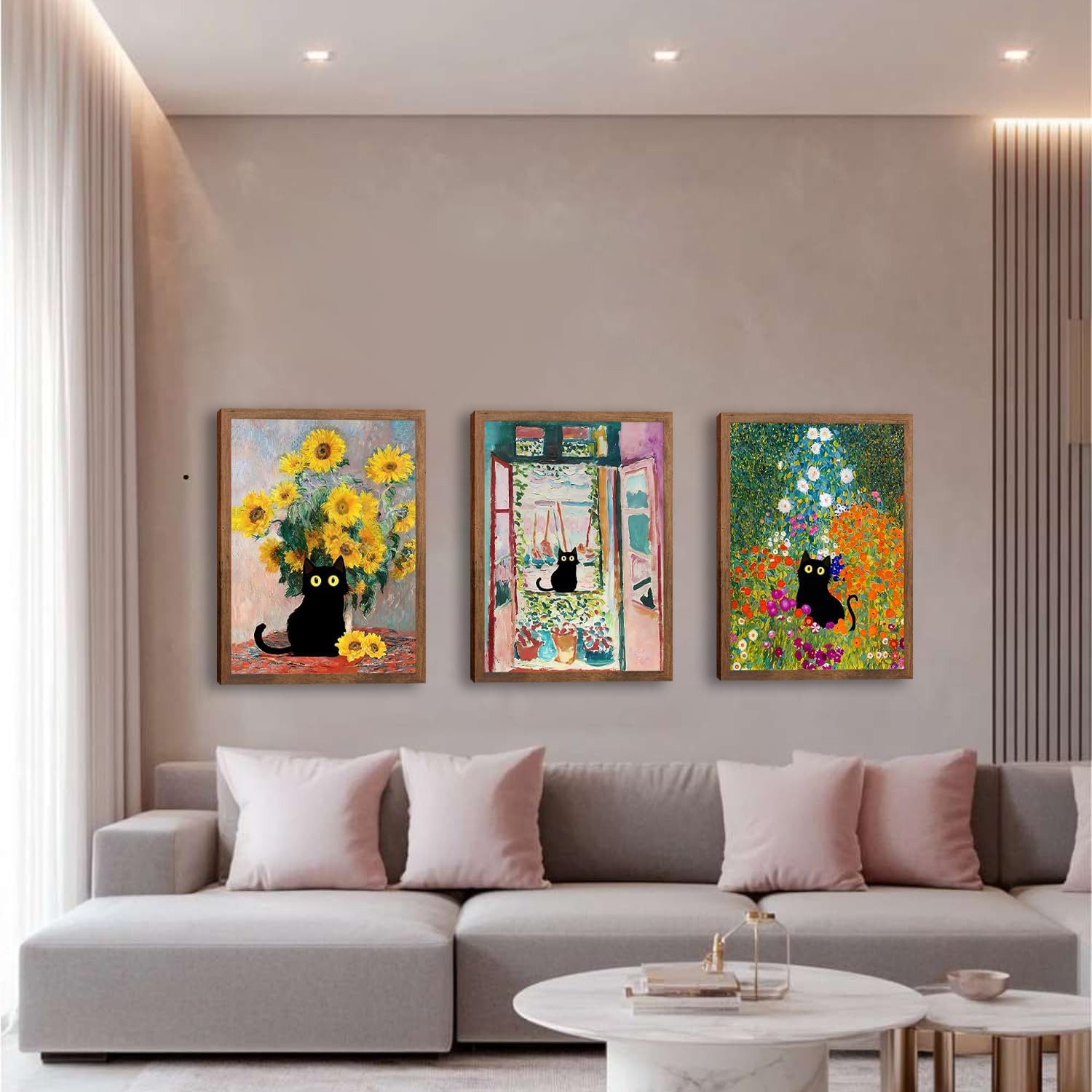 Vintage Black Cat Wall Art Set of 3, Van Gogh Sunflower & Monet Garden Themed Canvas Framed Posters, Garden Flower Cute Animal Aesthetic Pictures for Living Room Bedroom Kids Room Home Decor 12x16in