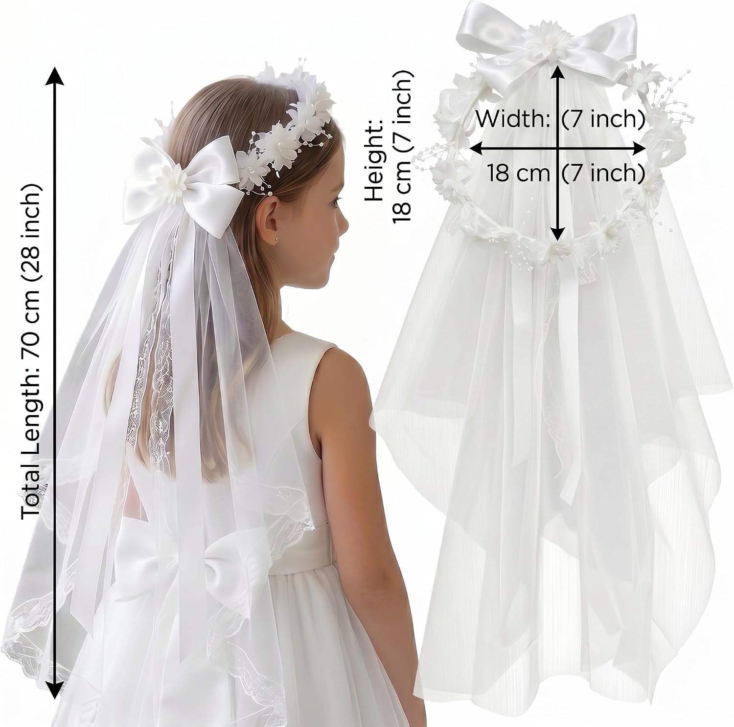 Girls First Communion Veil with Flower Headband & Bow, White Lace Tulle Headpiece for Catholic