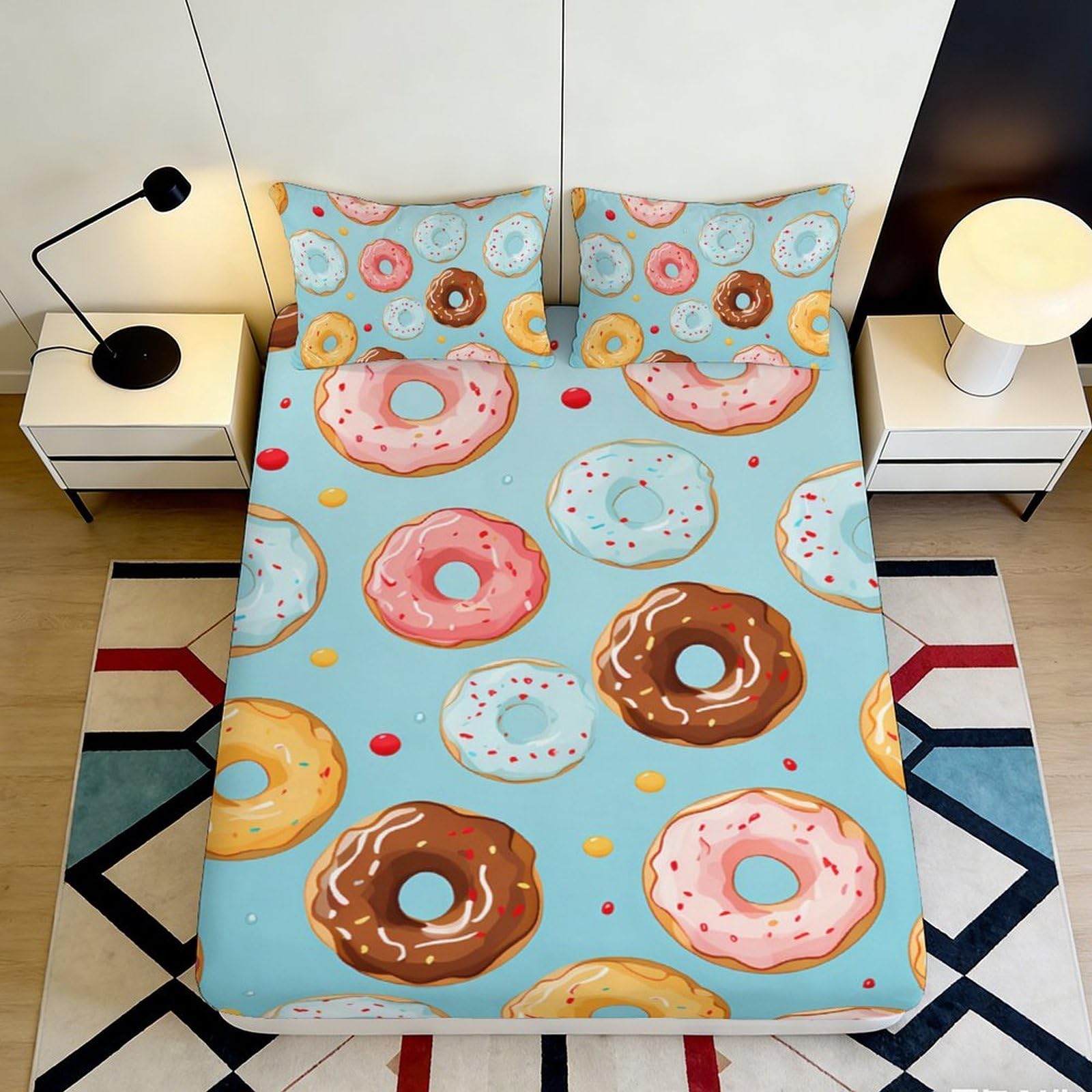 3D Printed Donut Pattern Fitted Sheet Microfiber Soft Breathable Colorful Donuts Bed Cover with Non-Slip Design for Bedroom Dormitory Guest Room 180x200x25cm