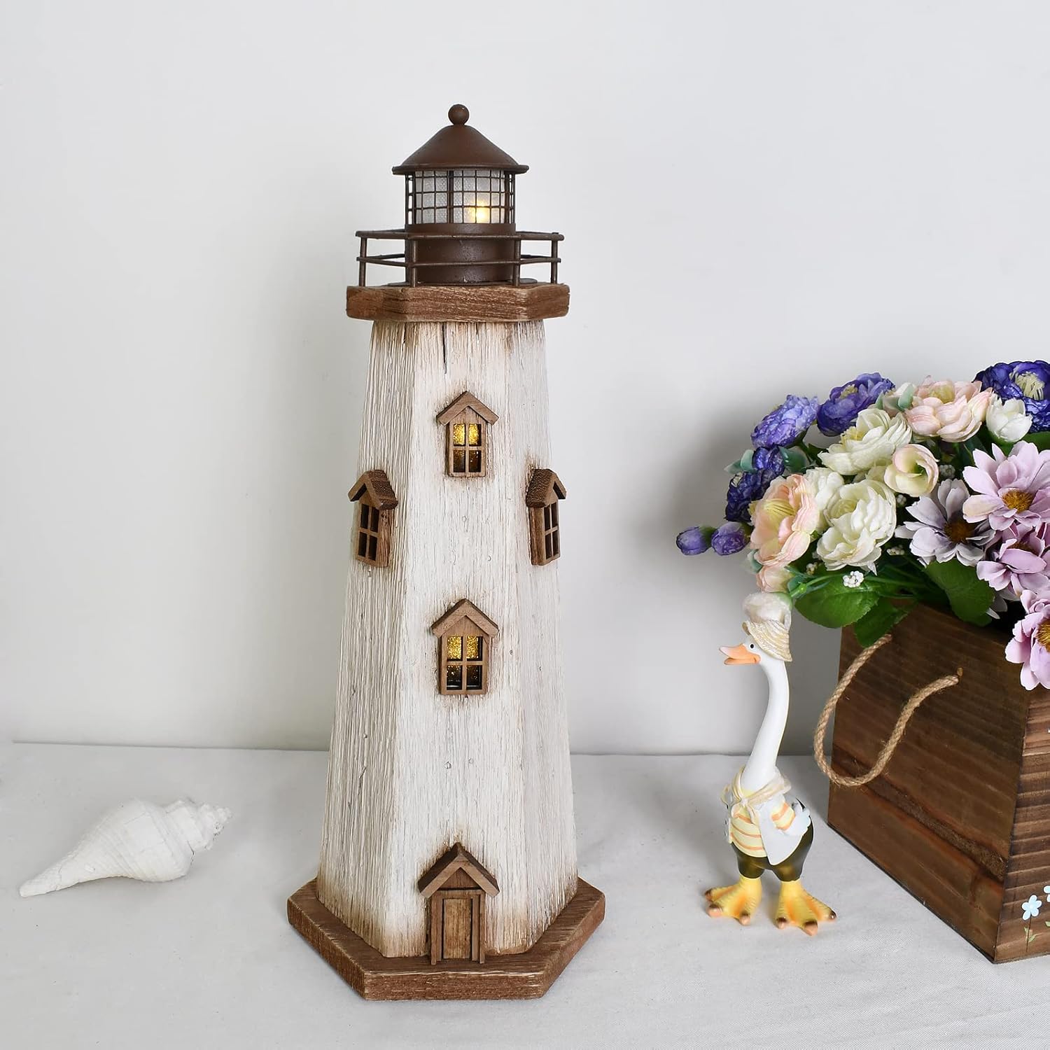 Wooden Lighthouse Decoration with Lights Nautical Tabletop Decor Decorative Tower Light Beach Themed Centerpieces Wood Coastal Home Décor (Off White)