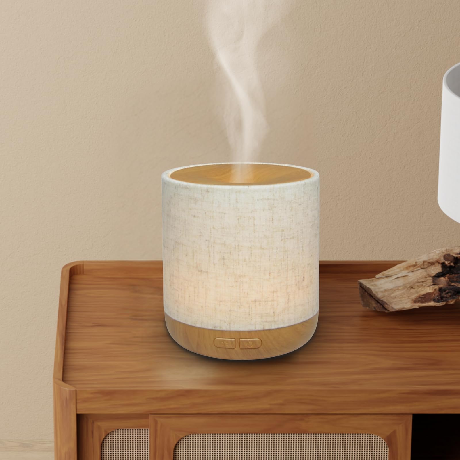 Zen'Aroma Difusor ultrasónico Alesia - Difusión de Aceite Esencial en frío Aromaterapia - Diseño Original, Carcasa de Lona de Lino y Revestimiento de Color Madera - difusión + iluminación