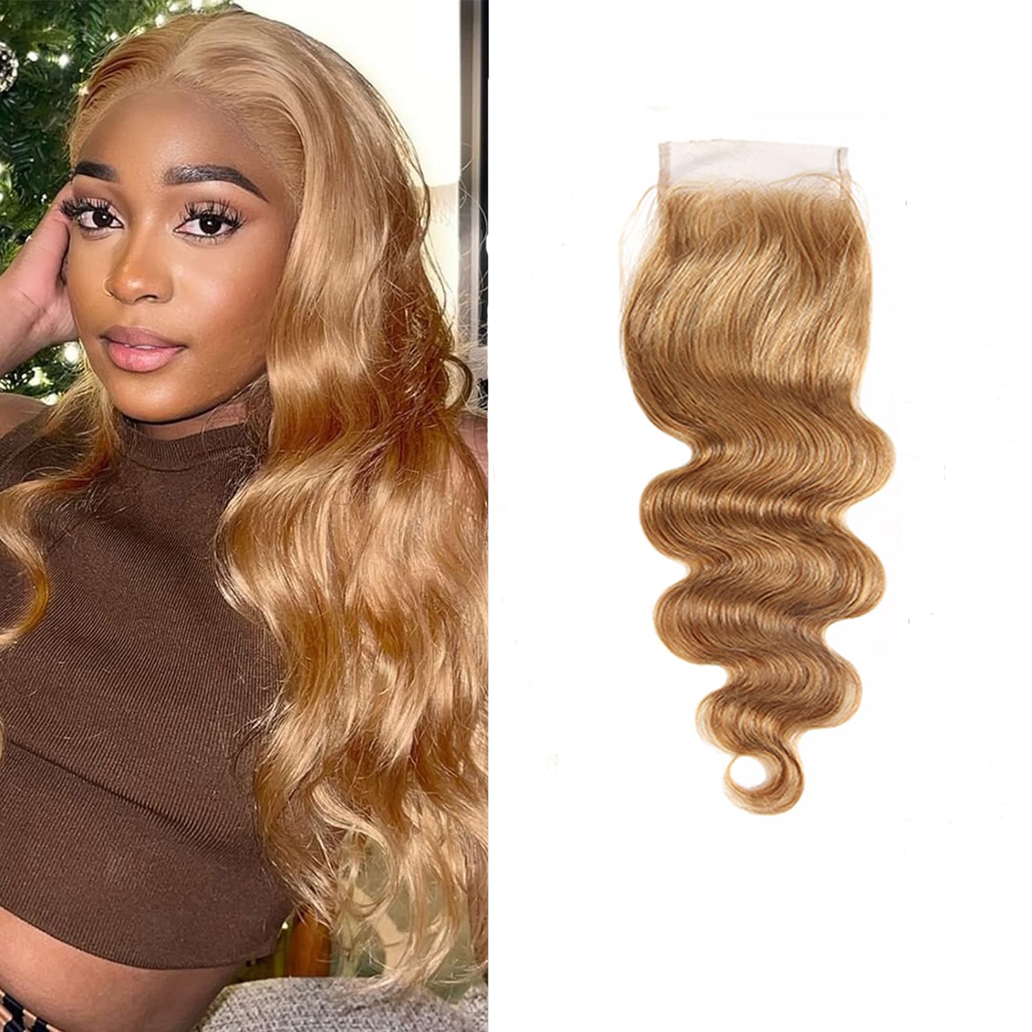 #27 Human Hair Closure Honey Blonde Body Wave Pre Plucked With BabyHair 4x4 Transparent Lace 16 Inch Free Part Bleached Konts Raw Remy Human Hair