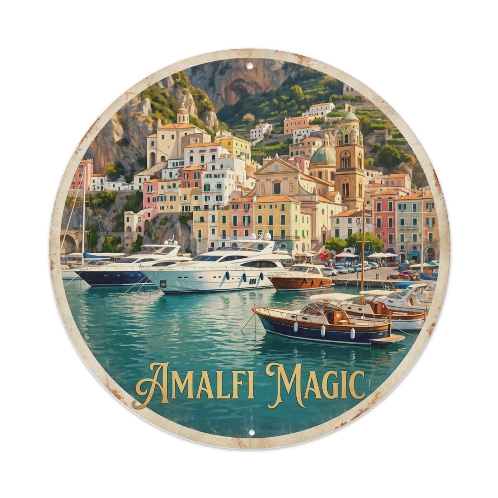 Coastal Italy Seaside Yacht Harbor Travel Heritage Classic Metal Tin Sign Plaque Wall Decor for Cafe, Man Cave, Club Bar, Office, Home Garden Round Metal Poster 8x8Inch