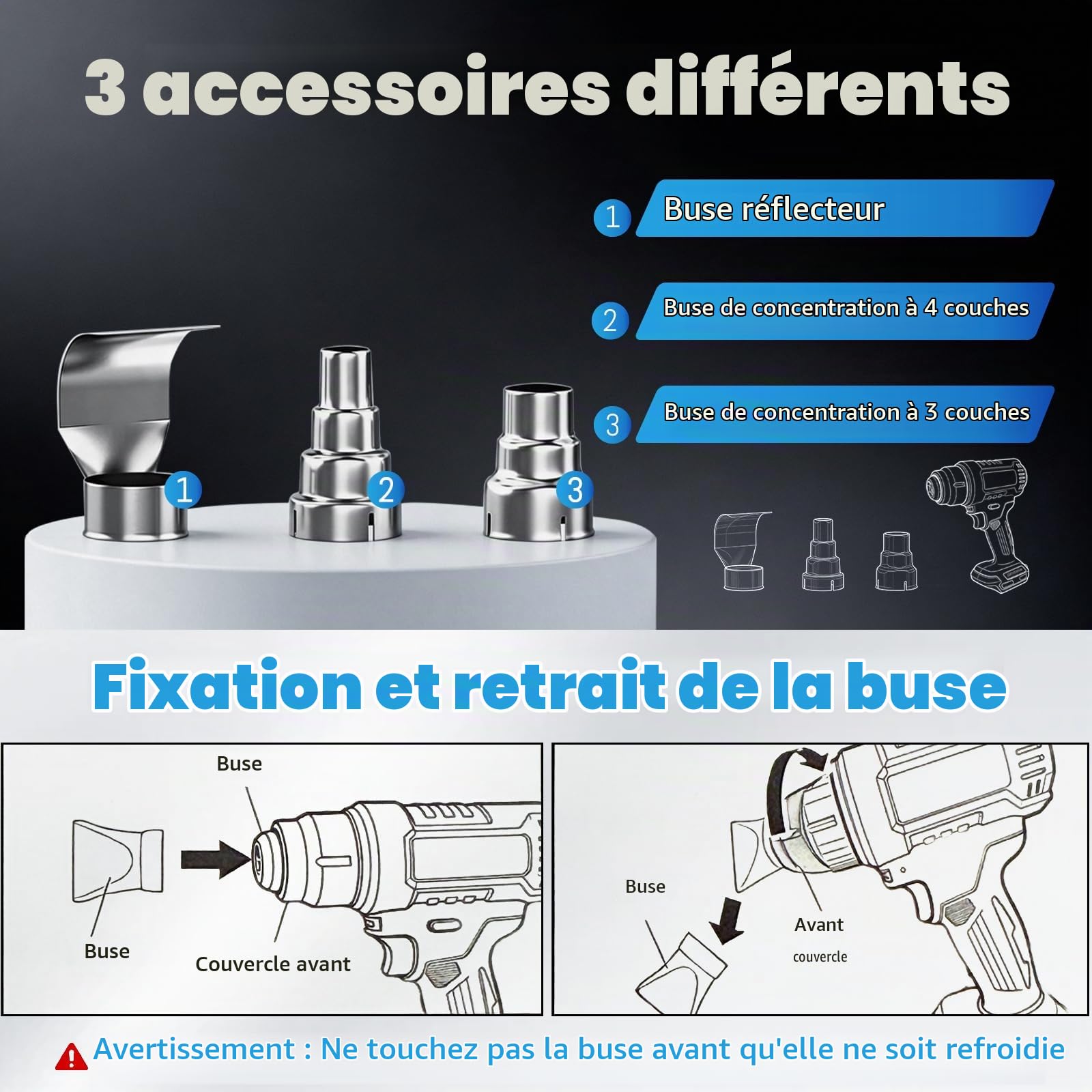 Décapeur Thermique sans Fil pour Makita 18V, Chauffage Rapide, avec 3 Buses | Souffleur Thermique, 60-540℃, Écran LCD Protection Surchauffe, pour Bricolage Gaine Thermorétractable, sans Batterie