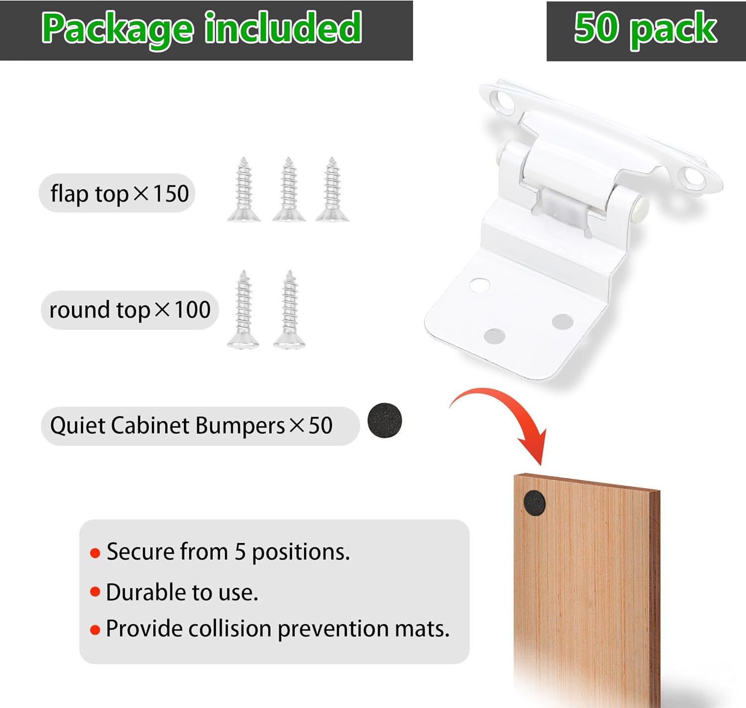 50 Pack 25 Pairs 3/8" Inset Cabinet Door Hinges - White Offset Self Closing Hinges