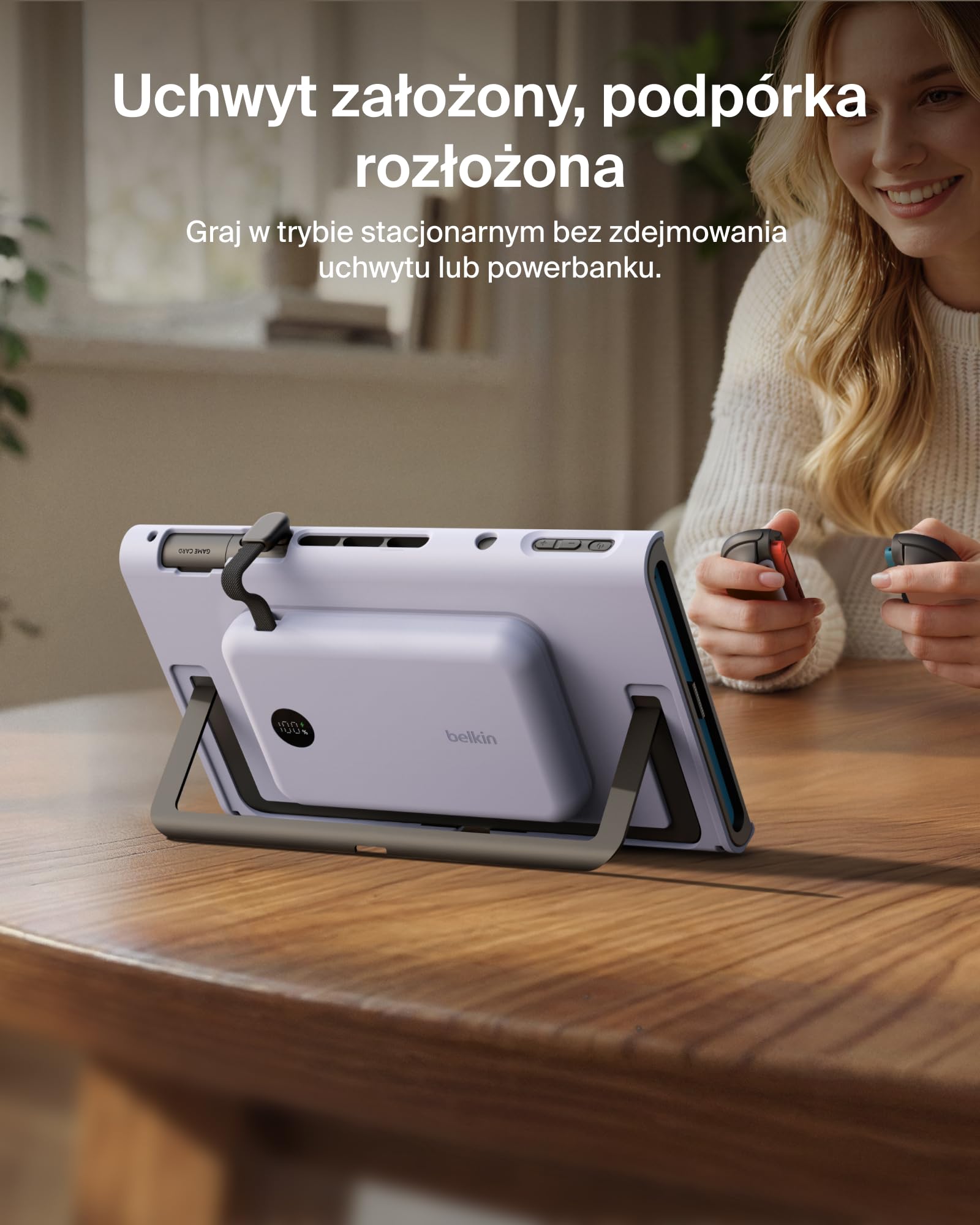 Belkin Gaming Uchwyt Ładujący do Nintendo Switch 2, 10 000 mAh – Fioletowy | Odłączany Powerbank Magnetyczny 10 000 mAh, 30 W, Zgodny z Podpórką, Ergonomiczny Uchwyt Antypoślizgowy, Wyświetlacz
