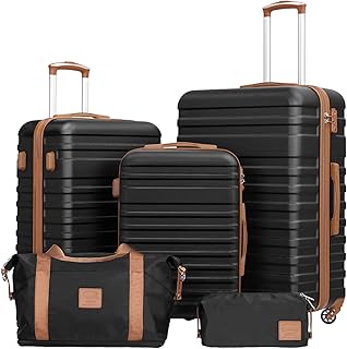 COOLIFE Suitcase Trolley Carry On Hand Cabin Luggage Hard Shell Travel Bag Lightweight Suitcase Included 1pcs Travel Bag and 1pcs Toiletry Bag (Black/Brown