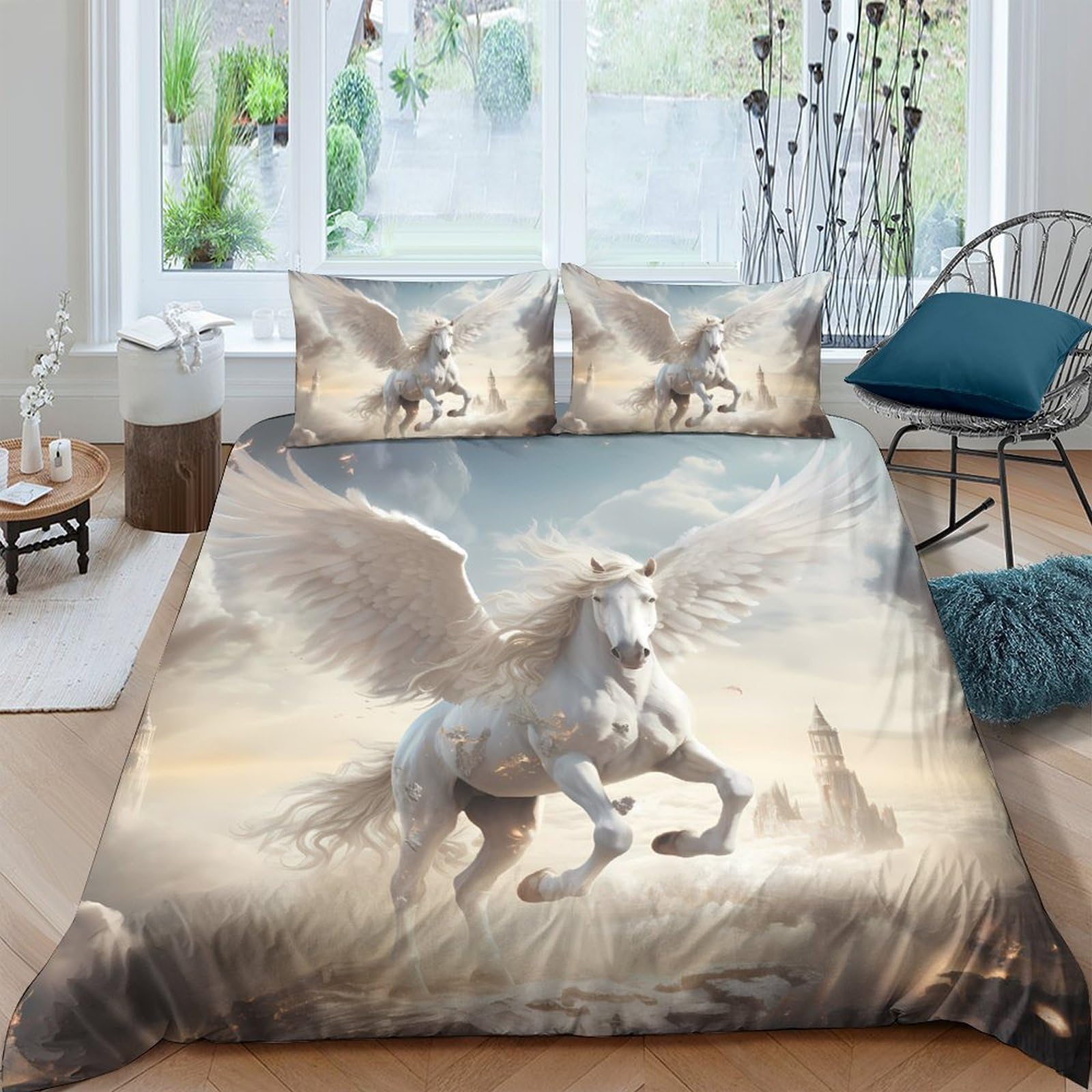 Ctjqhvkz Style-2 3D Printed Pegasus Fantasy Fitted Sheet Microfiber Soft Anti-Slip Cloud Dream Bed Cover Bedroom Dorm Decor Single（135X200cm）