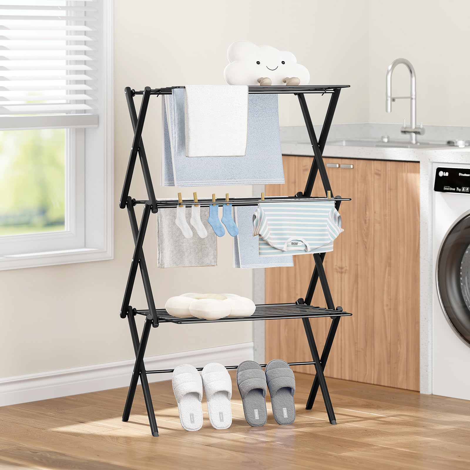 KINGBOARD Support de séchage des vêtements, étendoir à linge pliable, séchoir à vêtements à 3 niveaux, séchoir à pull pliable, pour intérieur et extérieur, Noir