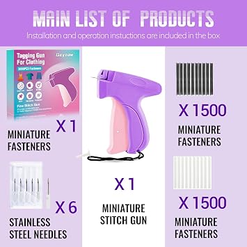 Stitch Gun for Clothes - Stitchy Tagging Gun for Clothing, Handheld Stitch Gun Quick Clothing Fixer, Sewing Kit Includes 6 Needle,3000 Fasteners(1500 Black & 1500 White) (Purple)