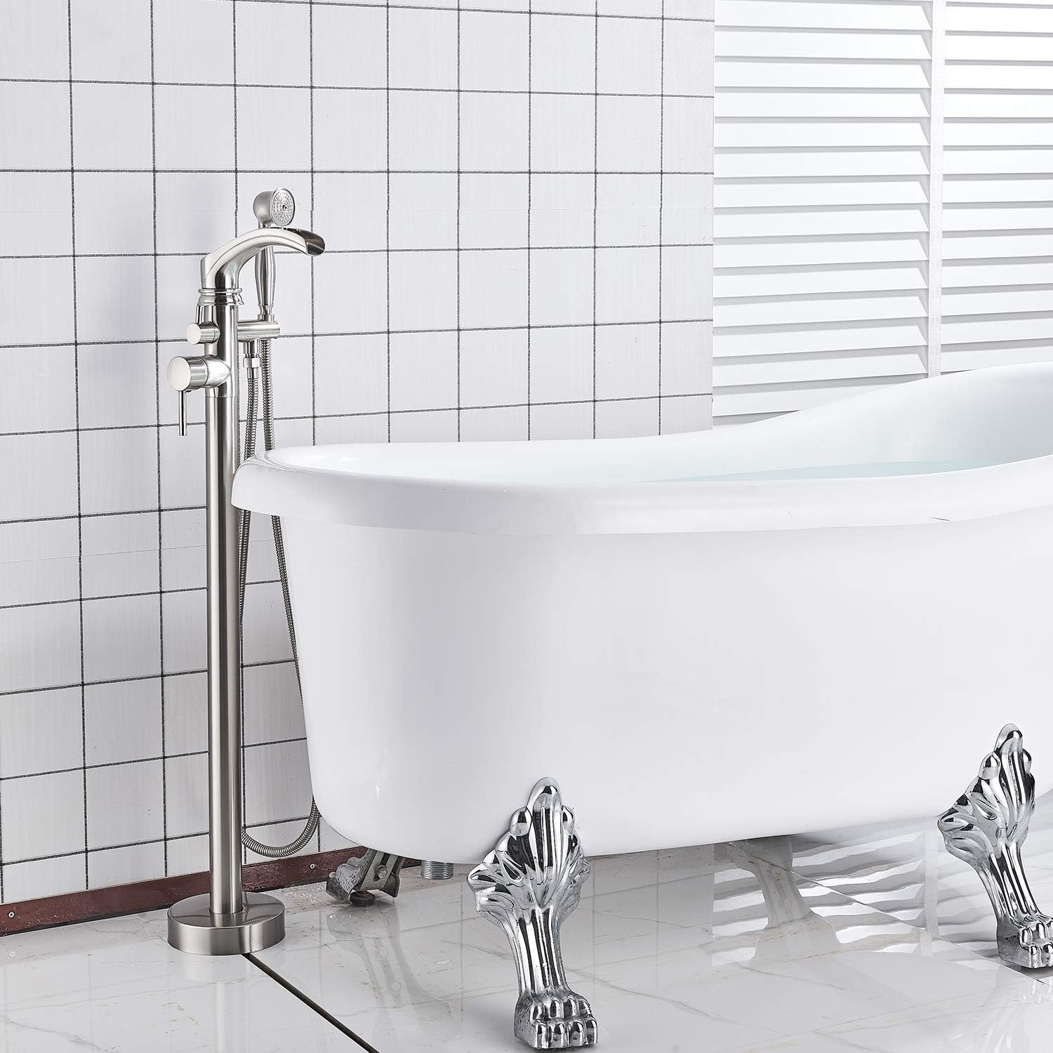 Weekly Top Sale Senlesen Brushed Nickel Bathroom Single Handle Freestanding Bathtub Faucet Floor Mounted Waterfall Tub Filler with Hand Shower Set