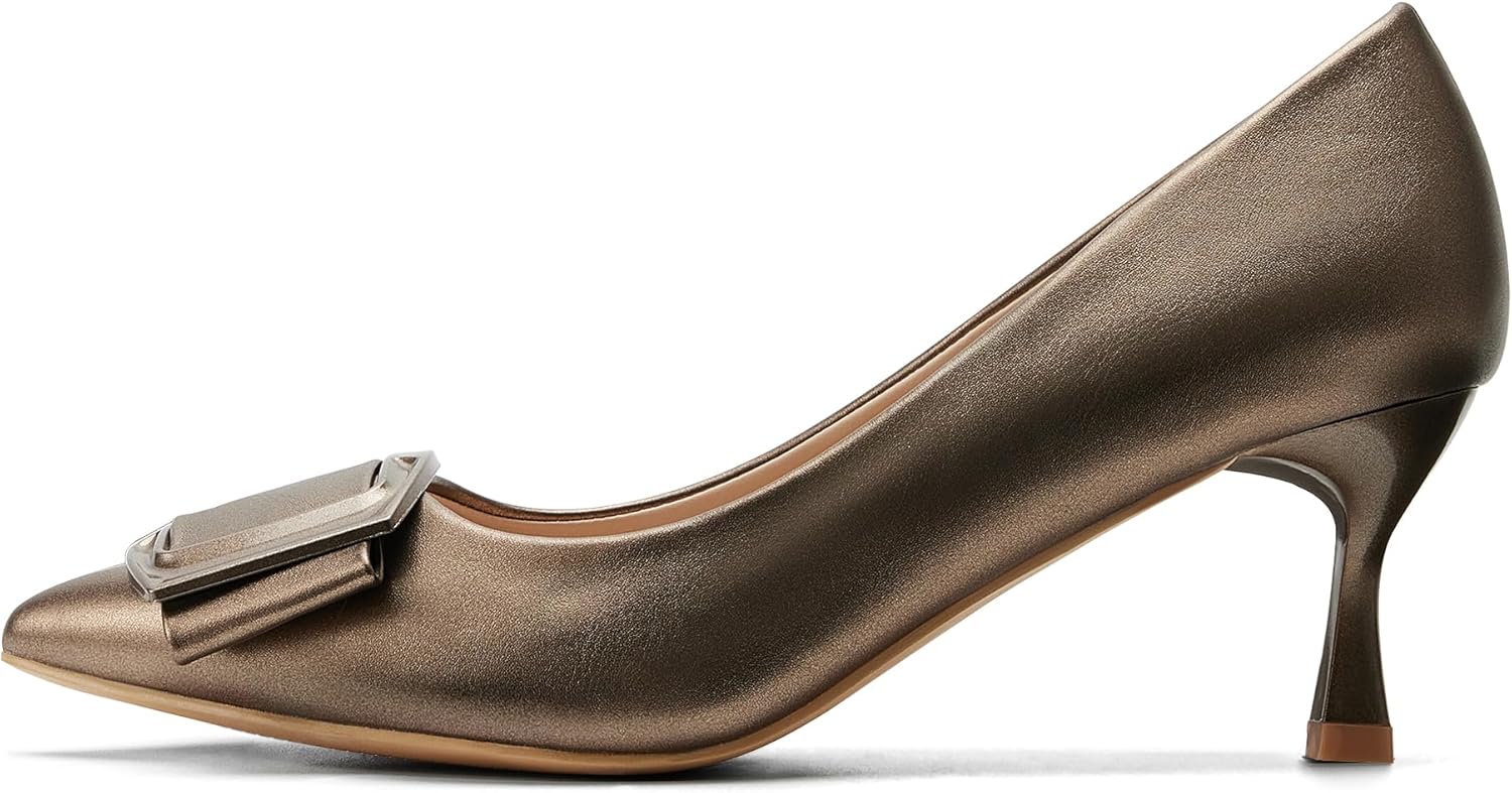 Kitten Pumps for Women with Buckle, Classic Closed Pointed Toe Heels for Office, Party, Wedding, Black, Bronze, White