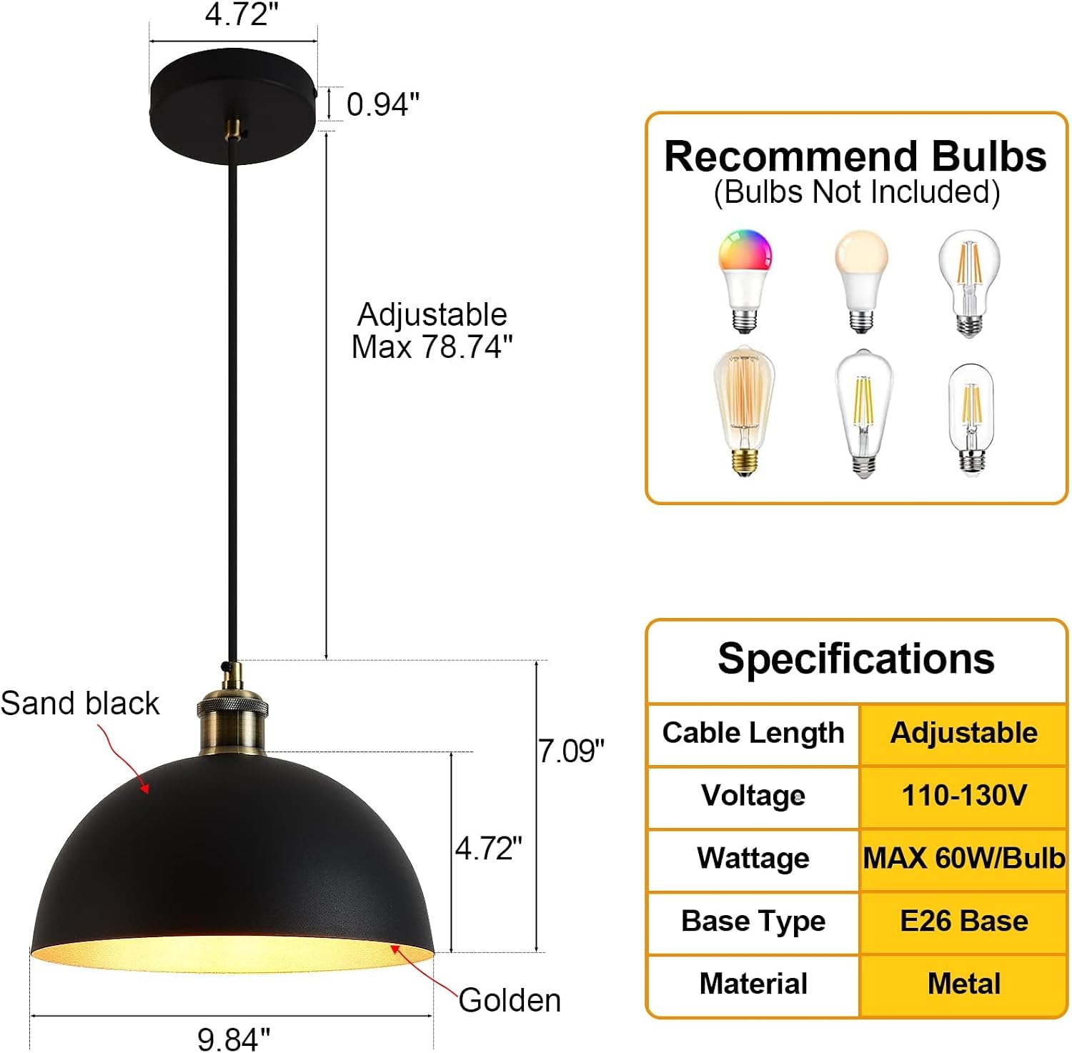 2 vintage industrial pendant light 9.84 "industrial dome pendant light black and gold finish lighting lamp line length pendant light78.74 kitchen island, bedroom, corridor 9.84black2