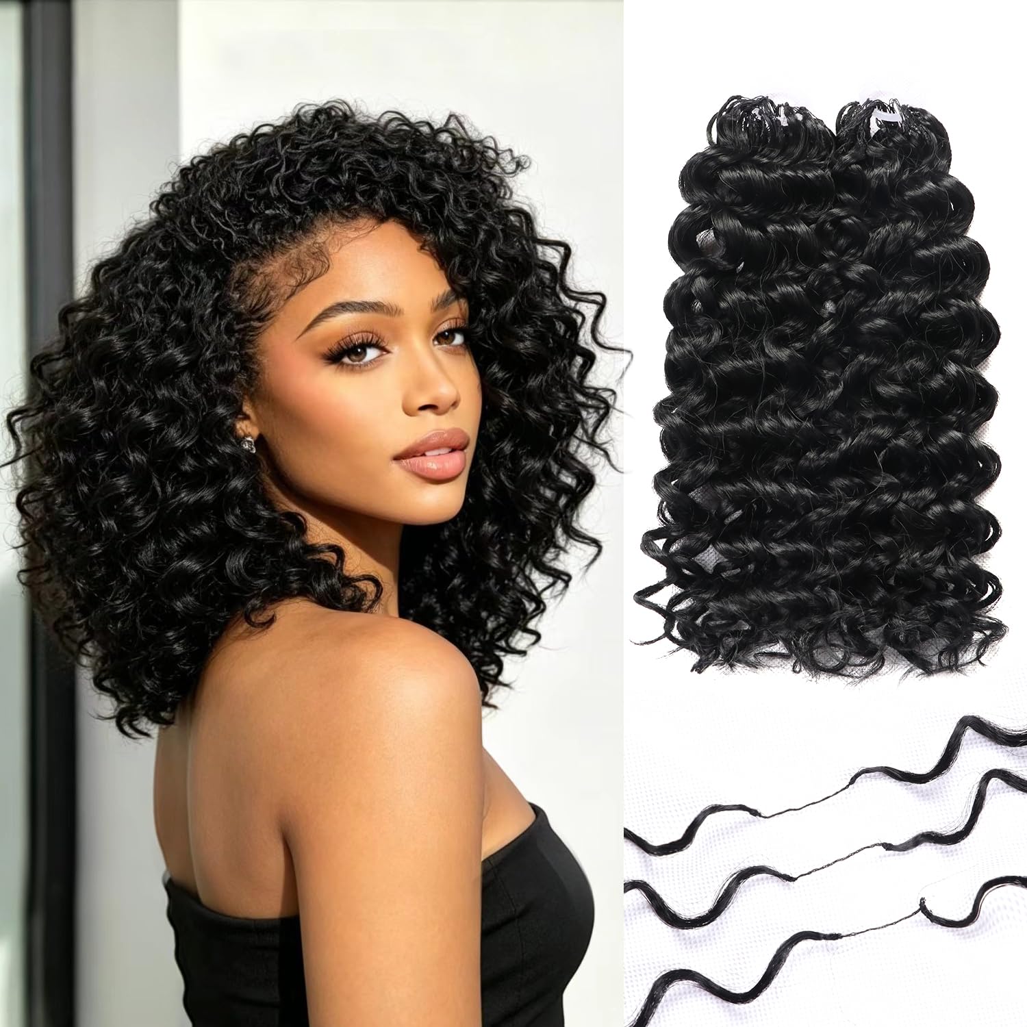 Photo 1 of 10 Inch 100 Strands Miracle Knots Feather Gogo Curl Crochet Hair for Black Women Pure Protein Fiber Close to Human Hair Pre-Separated Bundles (10 Inch, 1B)