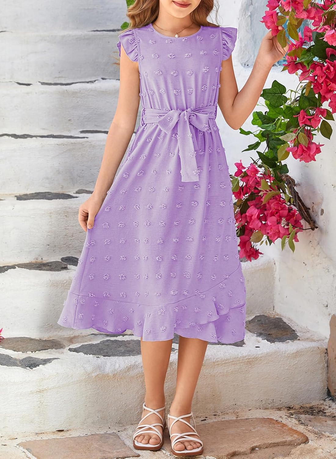 blibean Tween Girls Short Sleeve Dresses Swiss Dot Belt Dress Size 6-15 Years - Image 3