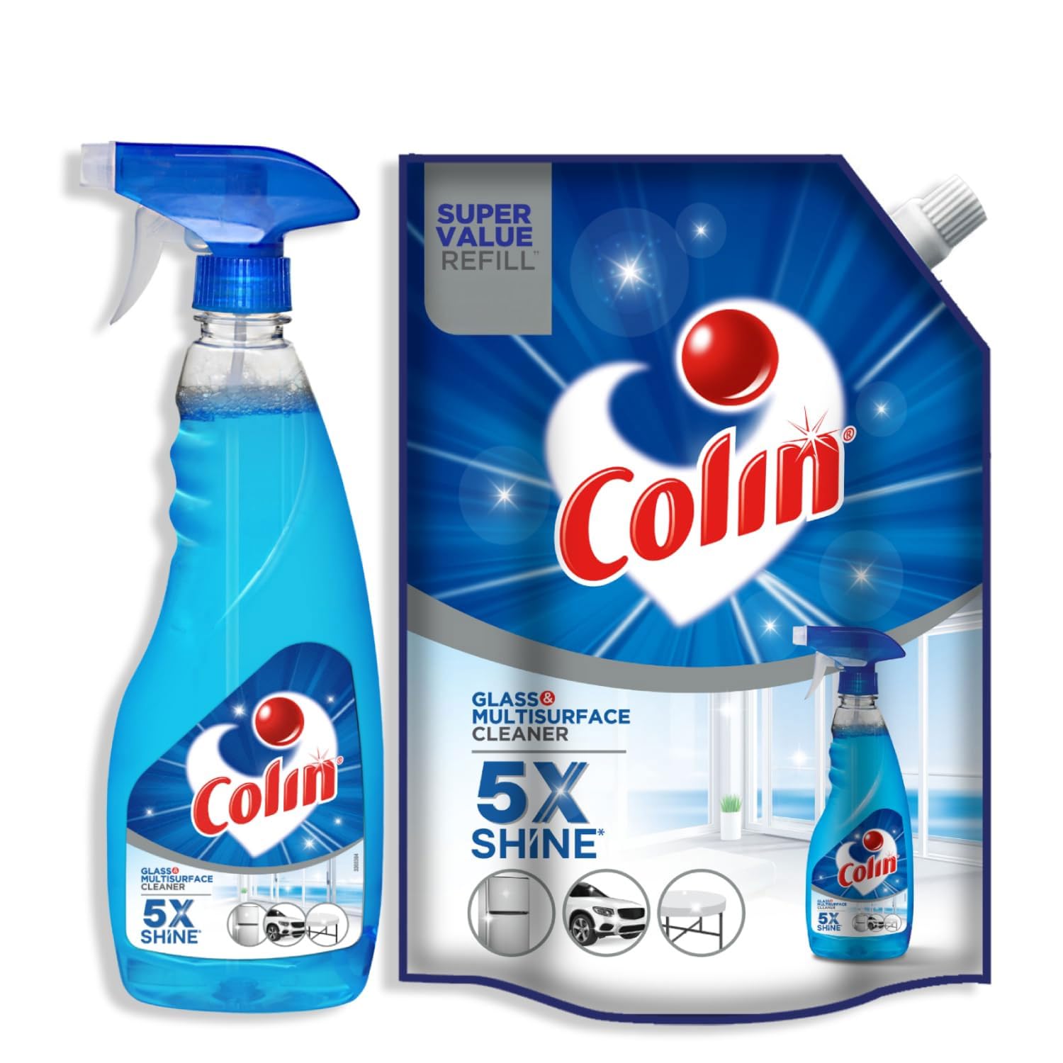 Colin Glass and Surface Cleaner Liquid Spray - 1 Litre Refill + 500ml Spray | India's #1 All-Purpose Glass Cleaner for Car, Kitchen and Home Surfaces | Multi Surface Cleaner