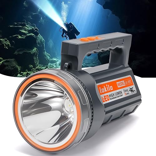 Miniatura 8 de Linterna de buceo recargable con pantalla de alimentación, IP68 impermeable y sumergible, interruptor doble, 4 modos, reflector LED portátil para