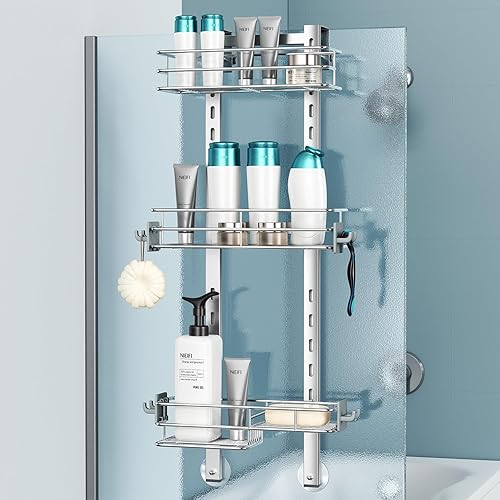 Vista 7 de Nieifi Estante organizador de despensa para ducha sobre la puerta con ganchos confiables, organizador de ducha resistente para colgar, estante