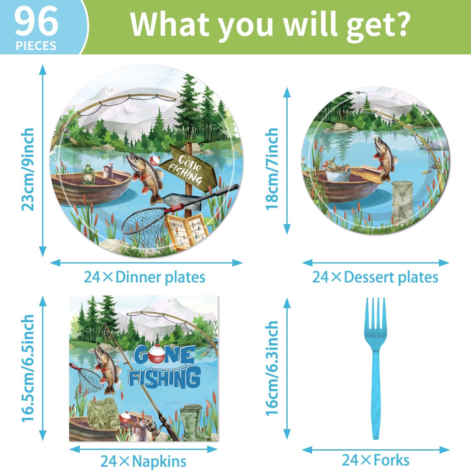 EUOYUFO 96PCS Gone Fishing Plates and Napkins Party Supplies - Fishing Birthday Party Decorations Fishing Themed Disposable Paper Tableware Set Serves 24 Guests