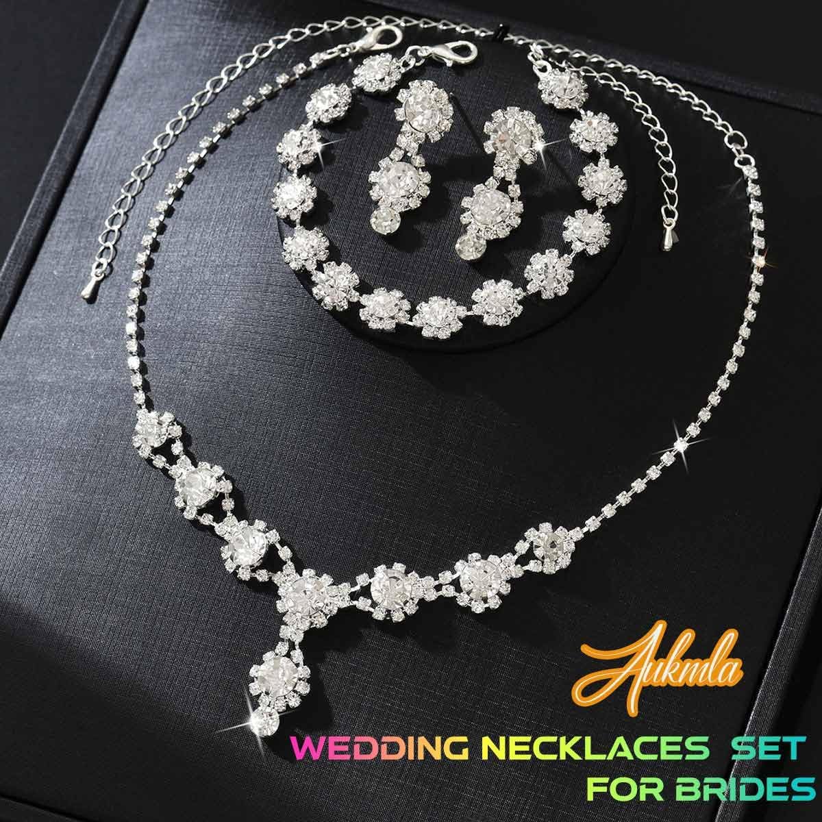 Aukmla Crystal Bridal Wedding Jewelry Set Rhinestones Necklace Earring Sets Prom Jewelry for Women and Brides - Image 6