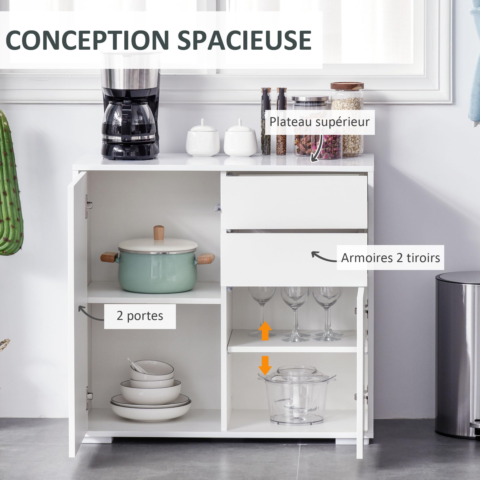 HOMCOM Meuble de Rangement Buffet Commode 79 x 36 x 74 cm Blanc Brillant | Armoire de Rangement, 2 Tiroirs, 2 Placards à Portes, Étagères Réglables, Salon, Chambre, Cuisine