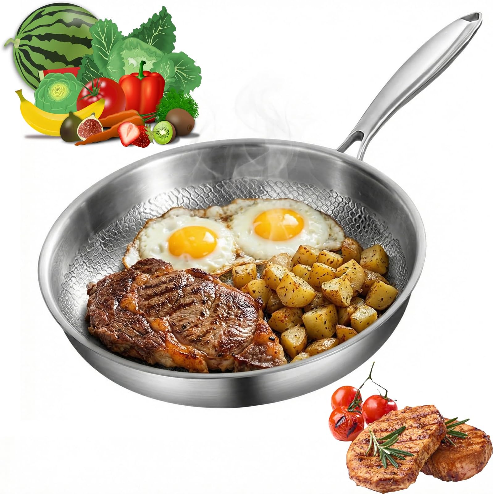 Titanium Hammered Pans for Cooking, Titanium Frying Pan with Lid, Pure Titanium Cookware for Daily Use, Scratch Resistant, Induction Ready & Oven Safe to 750°Fpan + lid,12in (30cm)