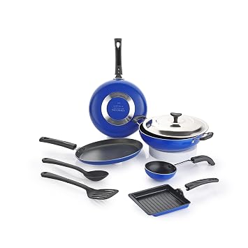 Crystal Eco Plus 8-pc Non-Stick Cookware Set, PFOA Free, Tawa, Kadhai with SS Lid, Fry Pan, Vagariya, Mini Grill Pan, 2 Spatulas, Multicolor