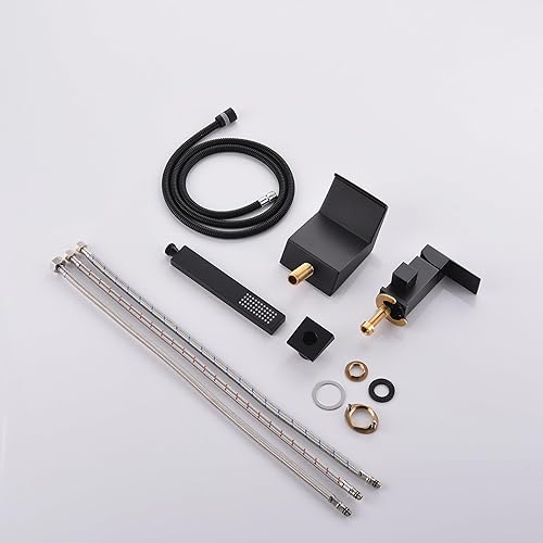 Miniatura 8 de LIWEIKE Grifo de bañera romano con pulverizador, grifo de bañera romano negro mate, montaje en cubierta, juego de grifo de bañera de 3 agujeros con